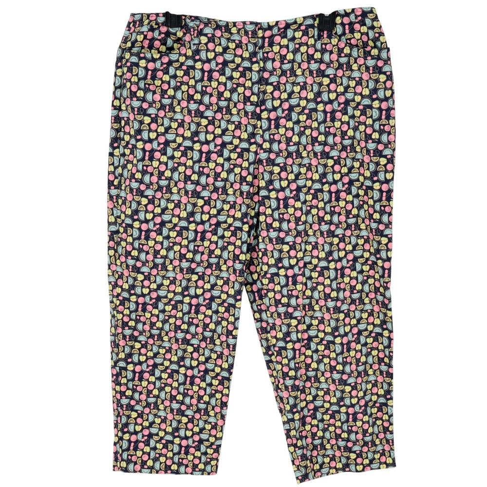 Talbots Pants Womens 16 Black Fruit Print Stretch Cotton Pedal Pushers Calf Vtg